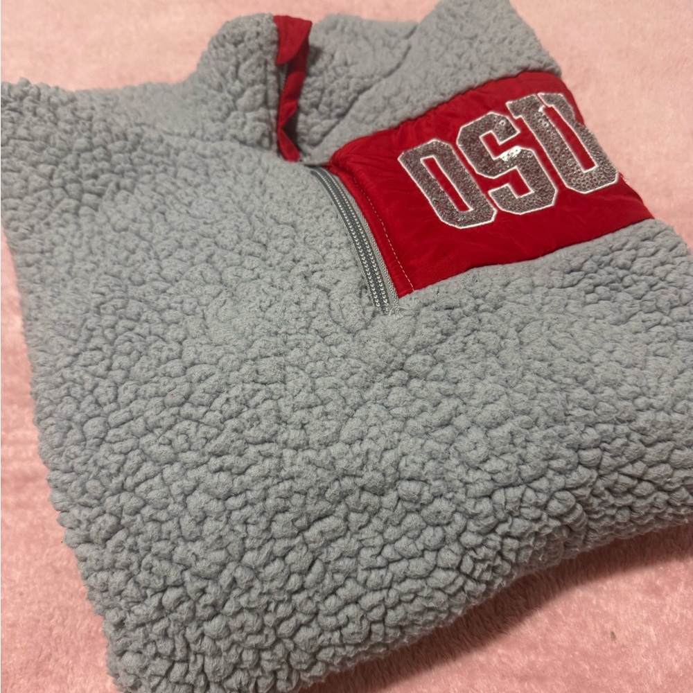 PINK Victoria's Secret Gray and Red Sherpa Hoodie